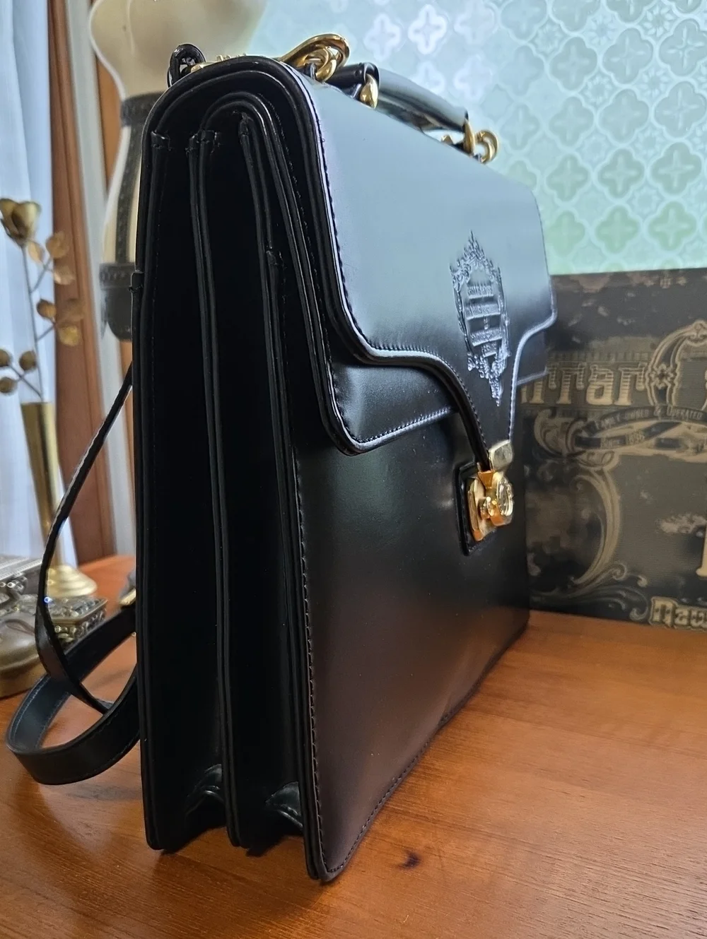 Black Women's Leather Briefcase/bag with Gold Hardware